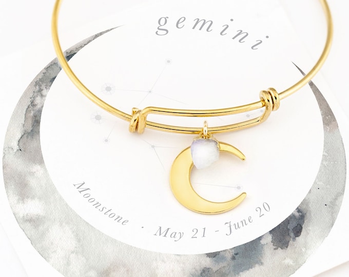 Raw Moonstone Gemini Charm Bracelet, Celestial Gold Crescent Moon Bangle, Zodiac June Birthday Gift, Minimalist Stacking Bracelet Birthstone