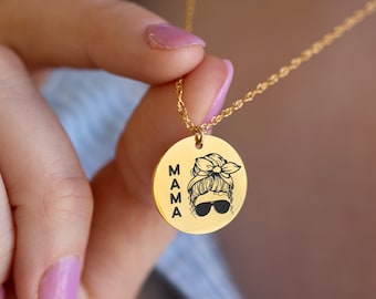 Messy Mom Bun Mama Necklace Gold, Cool Mom Club Gift, Funny Unique First Birthday Gift, Engraved Disc Charm Pendant, Gift for Young Mom