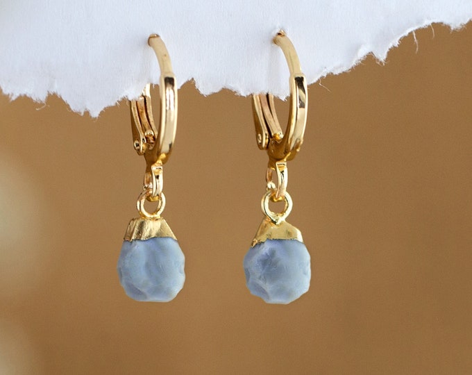 Something Blue Raw Crystal Huggie Hoops Earrings, Crystal Hoop Earrings, Blue Opal Huggies, Tiny Dainty Small Hoops, Minimalist earrings