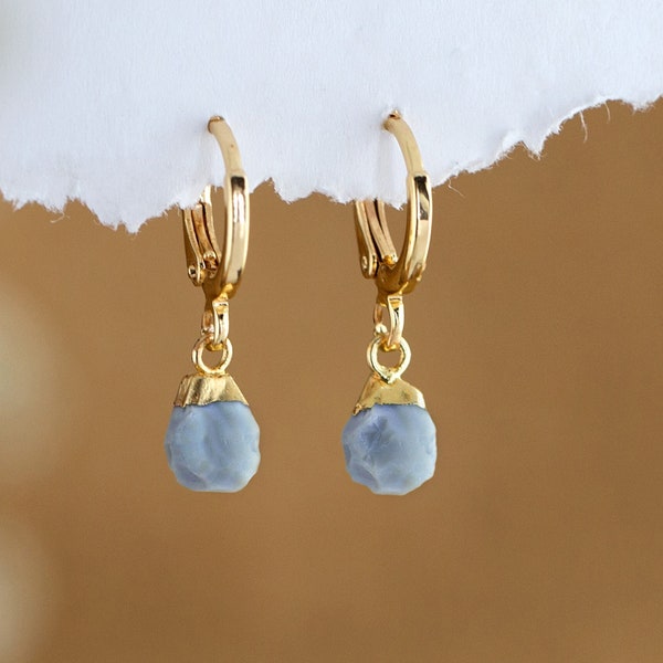 Something Blue Raw Crystal Huggie Hoops Earrings, Crystal Hoop Earrings, Blue Opal Huggies, Tiny Dainty Small Hoops, Minimalist earrings