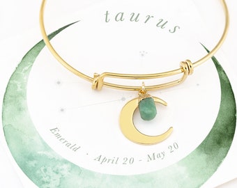 Taurus Bracelet Gift, Tiny Raw Emerald May Birthstone, Gold Crescent Moon Stacking Bangle, Celestial Zodiac Charm Bracelet Boho Gift for Her