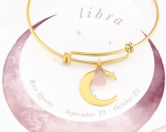 Libra Rose Quartz Moon Bangle, Raw Crystal October Birthstone Stacking Bracelet, Crescent Moon Zodiac Astrology Gift, Gold Celestial Jewelry