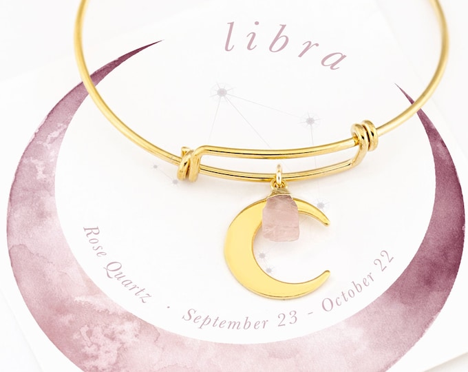 Libra Rose Quartz Moon Bangle, Raw Crystal October Birthstone Stacking Bracelet, Crescent Moon Zodiac Astrology Gift, Gold Celestial Jewelry