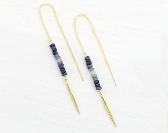 September Birthstone Earrings, Ombre Sapphire Bar Drop Threaders, Beaded Earrings, Birthday Gift, Dainty Gold Filled Threader Earrings, Boho