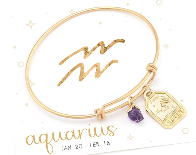 Aquarius Raw Amethyst Crystal Bracelet, February Birthday Gift, Zodiac Tag Charm Bangle, Aquarius Star Sign Constellation Horoscope Jewelry