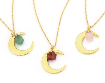 Crescent Moon + Tiny Raw Crystal Necklace, Zodiac Birthstone Pendant, Dainty Gold Celestial Jewelry, Gift Idea for Friends, Boho Astrology