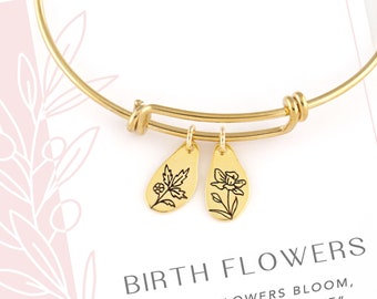 Dainty Birth Flower Petal Charm Bracelet, Personalized Birth Month Flowers Combined, Engraved Floral Family Birthday Gift Grandma Bangle