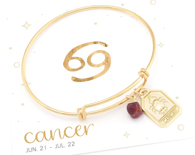 Cancer Zodiac Gift, Horoscope Tag Charm Bracelet, Raw Ruby July Birthday Bangle, Constellation Stacking Bracelet, Custom Bridesmaid Bracelet