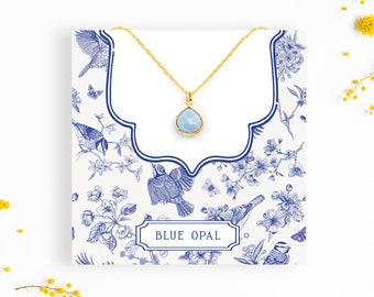 Blue Opal Pendant, Simple Teardrop Necklace, October Birthstone Gift, Light Blue Natural Gemstone, Minimalist Layering Choker, BFF Gifts