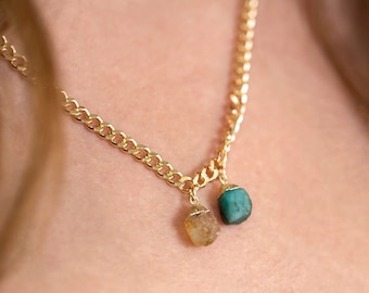 Mom of 2 Birthstone Necklace, Real Genuine Raw Cut Birthstones, Custom Family Birthstone Jewelry, Trendy Chunky Chain Toggle Necklace Gift