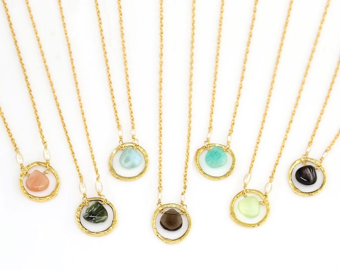 Colorful Gemstone Drop Necklace with Tiny Freshwater Pearls, Dainty Infinity Circle Pendant Christmas Gift for Mom / Aunt, Handmade Jewelry
