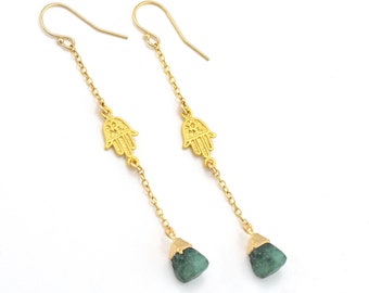 Long Minimalist Raw Emerald Crystal Drop Earrings, Hamsa Hand Charm Earrings, May Birthstone Earrings,  Crystal Long Green Emerald Earrings