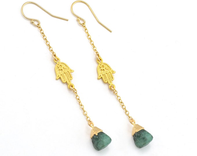 Rough Raw Emerald Crystal Drop Earrings, Hamsa Hand Charm Earrings, May Birthstone Earrings,  Crystal Long Green Emerald Earrings