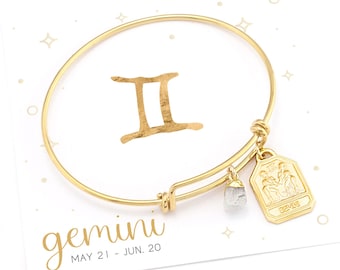 Zodiac Birthday Gift, Celestial Gemini Gift, Raw Moonstone Zodiac Charm Bangle, June Horoscope Tag Bracelet, Gold Horoscope Jewelry on Card