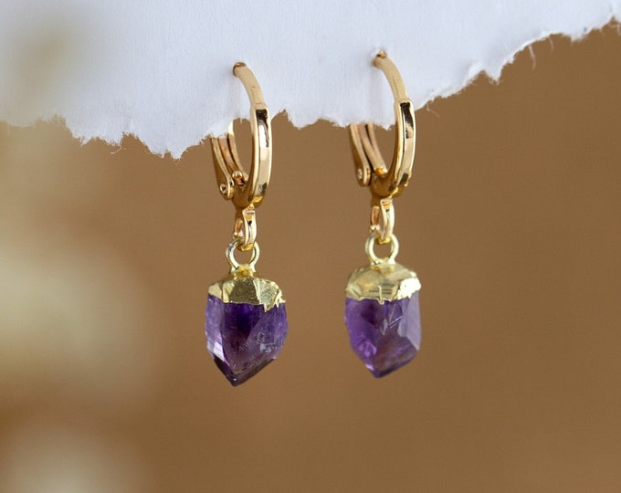 Raw Purple Amethyst Crystal Huggies Hoop Earrings Gold, Crystal Energy Earrings, Summer Earrings, Cute Earrings, Gift for Teen Girl