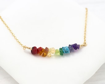 Raw Crystal Necklace, Healing Chakra Crystals, Beaded Gemstone Bar, Rainbow Pride Jewelry, Yogi Gift, Gold Filled Chain, 7 Chakra Necklace