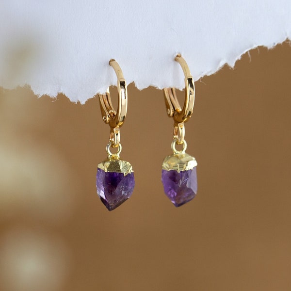 Raw Purple Amethyst Crystal Huggies Hoop Earrings Gold, Crystal Energy Earrings, Summer Earrings, Cute Earrings, Gift for Teen Girl
