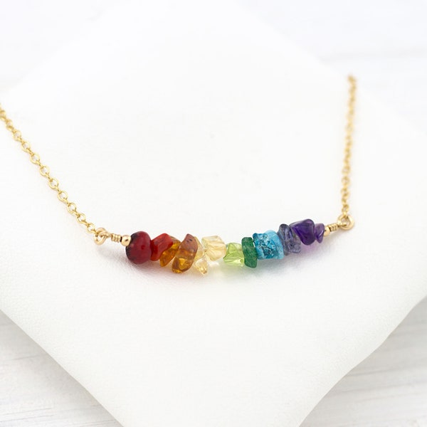 Raw Crystal Necklace, Healing Chakra Crystals, Beaded Gemstone Bar, Rainbow Pride Jewelry, Yogi Gift, Gold Filled Chain, 7 Chakra Necklace