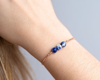 Dainty Sodalite Bracelet, Natural Gemstone Bracelet, Rose Gold Pull Tie,  Crystal Jewelry, Stacking Everyday Bracelet Minimalist Gift