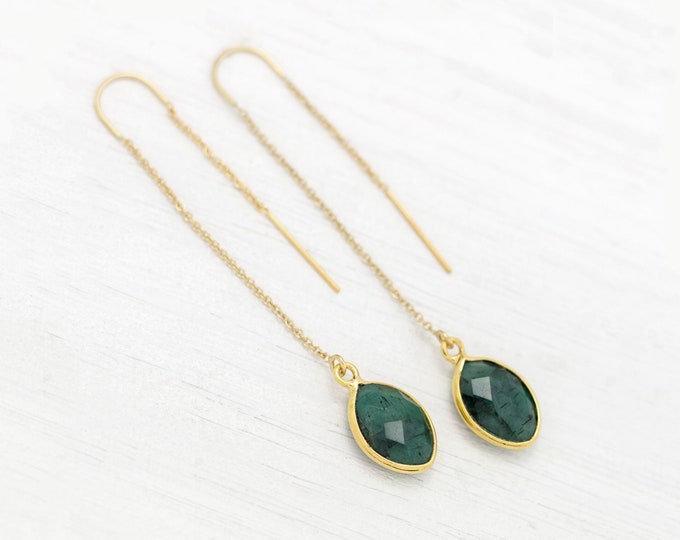 Genuine Emerald Drop Earrings, Natural Raw Emerald, May Birthstone, Gemini Zodiac Gift, Long Drop Threader Earrings, Festival Jewelry