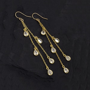 Gold Crystal Chandelier Earrings, CZ Raindrop Earrings, Simple Statement Earrings, Long Drop Earrings, Boho Chic Long Dangle Earrings