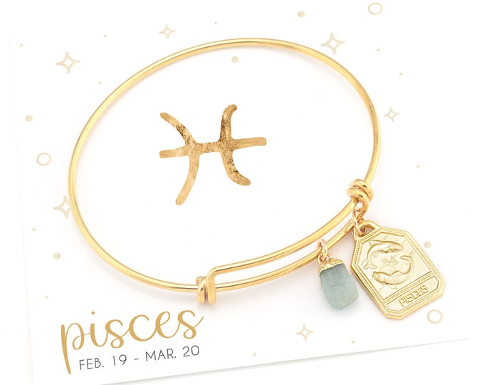 Tiny Aquamarine Pisces Tag Bangle, Adjustable Charm Bracelet, Raw Crystal Zodiac Celestial Stacking Bracelet, March Pisces Boho Jewelry Gift