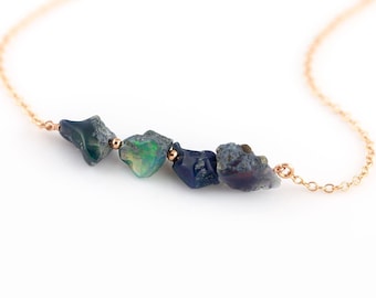 Rough Australian Black Opal Necklace, Raw Blue Opal Bar Necklace, October Birthstone Bar Necklace, Rose Gold 14k Gold Filled Chain