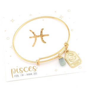 May include: Gold adjustable bangle bracelet with a charm featuring the Pisces zodiac symbol and a small blue gemstone. The charm also has the word "Pisces" inscribed on it. The bracelet is displayed on a white card with the word "pisces" and the dates "FEB. 19 - MAR. 20".