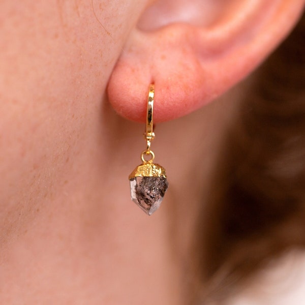 Herkimer diamond earrings, Raw diamond earrings, diamond hoop earrings, Black Diamond, Salt and Pepper diamond earrings dangle Huggie Hoops
