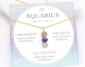 Aquarius Crystal Necklace, Handmade Zodiac Necklace Gift, Genuine Crystal Set for Zodiac Sign, February Birthday Present, Astrology Jewelry