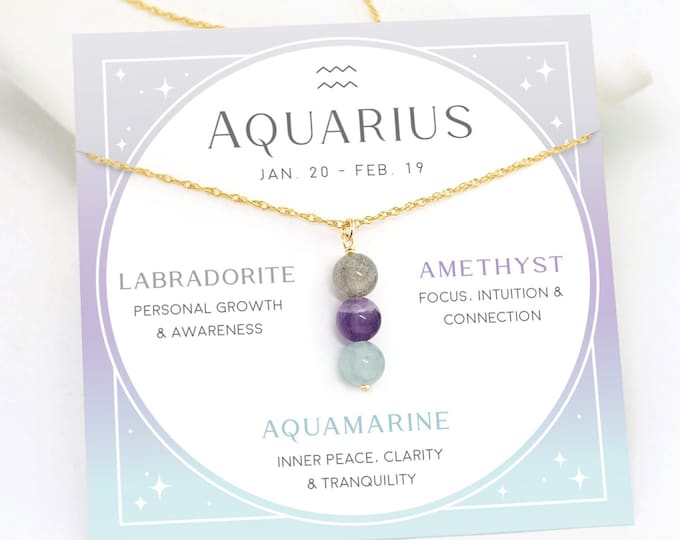 Aquarius Crystal Necklace, Handmade Zodiac Necklace Gift, Genuine Crystal Set for Zodiac Sign, February Birthday Present, Astrology Jewelry