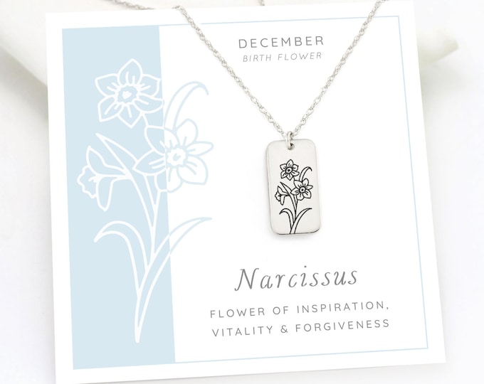 Narcissus December Birth Flower Necklace, Personalized Engraved Birth Month Flower Simple Silver Pendant, Birthday Gift Idea for New Mama