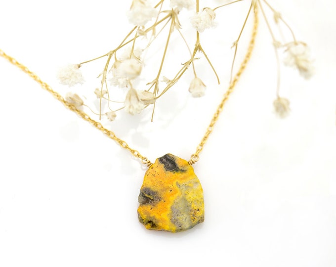 Natural Bumble Bee Jasper Necklace, Raw Cut Yellow Genuine Gemstone,  Crystal BFF Gift, Dainty 14k Gold Filled Chain, Layering Choker