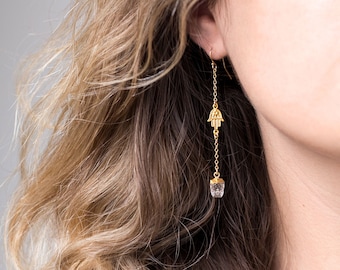 Rough Herkimer Diamond Crystal Nugget Earrings, Hamsa Hand Charm Earrings, April Birthstone Earrings,  Crystal,