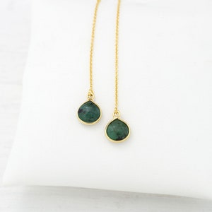 Raw Emerald Drop Earrings, Tiny Gemstone Threaders Gold, May Birthstone Gift, Bridesmaid Present, Everyday Dangle Earrings, Minimal Jewelry