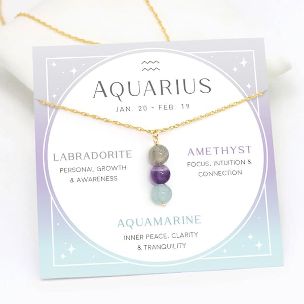 Aquarius Crystal Necklace, Handmade Zodiac Necklace Gift, Genuine Crystal Set for Zodiac Sign, February Birthday Present, Astrology Jewelry