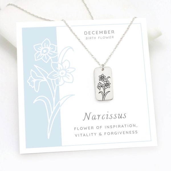 Collier fleur de naissance décembre narcisse, pendentif en argent simple fleur du mois de naissance gravée personnalisé, idée cadeau d'anniversaire pour une nouvelle maman