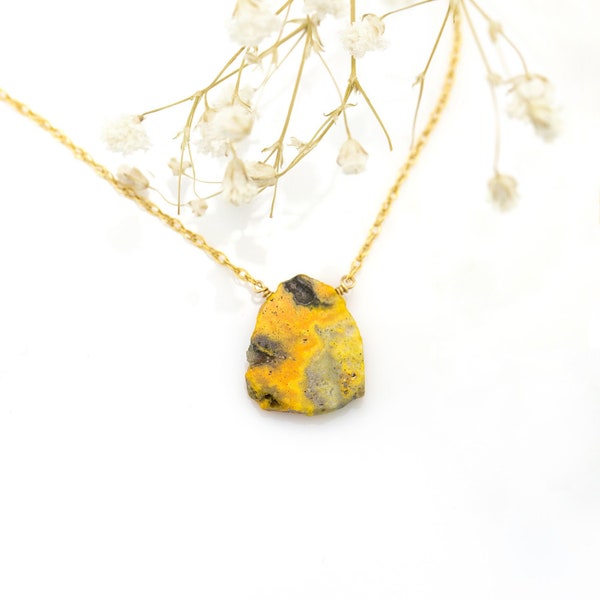 Natural Bumble Bee Jasper Necklace, Raw Cut Yellow Genuine Gemstone,  Crystal BFF Gift, Dainty 14k Gold Filled Chain, Layering Choker
