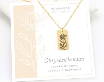 Birth flower necklace, November Birth Month Flower Necklace, Chrysanthemum Engraved Charm Pendant Gold, Custom Family Floral Jewelry for Mom