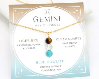 Gemini Crystal Necklace, Unique Zodiac Sign Jewelry Gift for Friends, Personalized Gemini Crystal Set, June Birthday Astrology Necklace Card