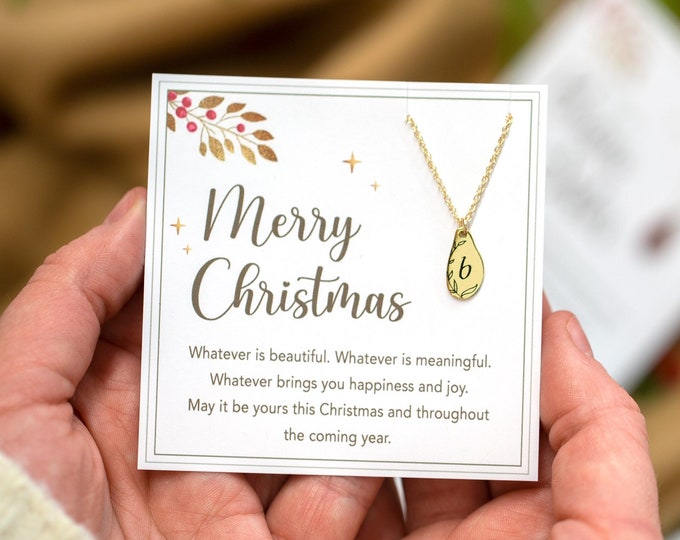 Merry Christmas Gift from Her, 14k Gold Filled Engraved Initial Necklace on Message Card, Personalized Gift under 20, Stocking Stuffer