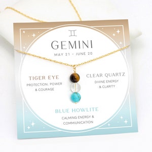 Zwillinge Kristallhalskette, Einzigartige Sternzeichen Schmuck Geschenk für Freunde, personalisierte Zwillinge Kristallset, Juni Geburtstag Astrologie Halskette Karte
