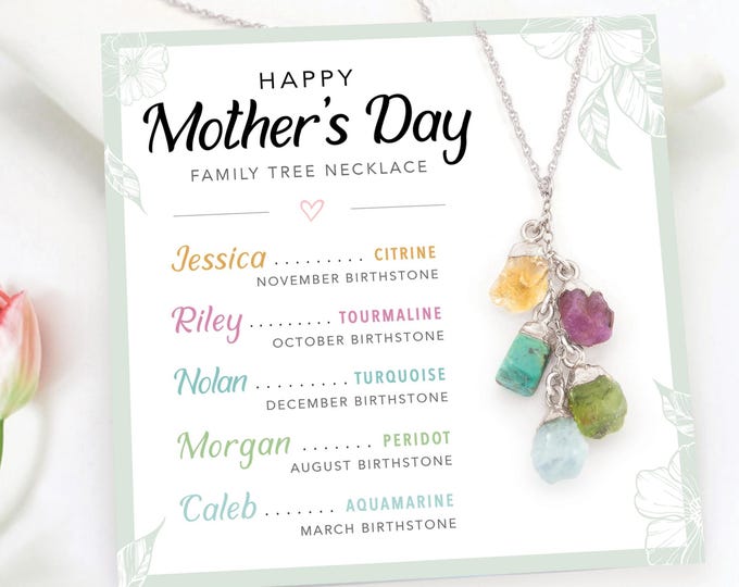 Silver Raw Crystal Dainty Birthstone Necklace for Grandma, Personalized Mothers Day Card with Kid's Names Meaningful Family Jewelry Gift