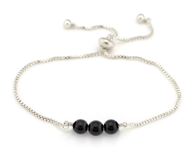 Minimalist Black Crystal Onyx Bracelet, Stone Of Protection, Adjustable Gem Stacking,  Crystal Jewelry, Beaded Bolo Bracelet