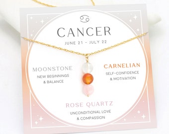 Cancer Zodiac Necklace, Personalized Crystal Set for Zodiac Sign, Astrology Jewelry Gift, Moonstone Carnelian Rose Quartz July Birthday Gift