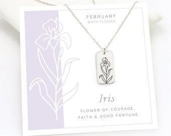 Iris Necklace, February Birth Month Flower Necklace, Personalized Tag Necklace Silver, Minimalist Floral Layering Birthday Gift for Sisters