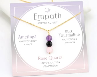 Empath Protection Necklace, Amethyst Black Tourmaline Rose Quartz Crystal Set, Emotional Support Gemstone Crystals, Gift for Sister Friends