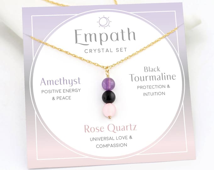 Empath Protection Necklace, Amethyst Black Tourmaline Rose Quartz Crystal Set, Emotional Support Gemstone Crystals, Gift for Sister Friends