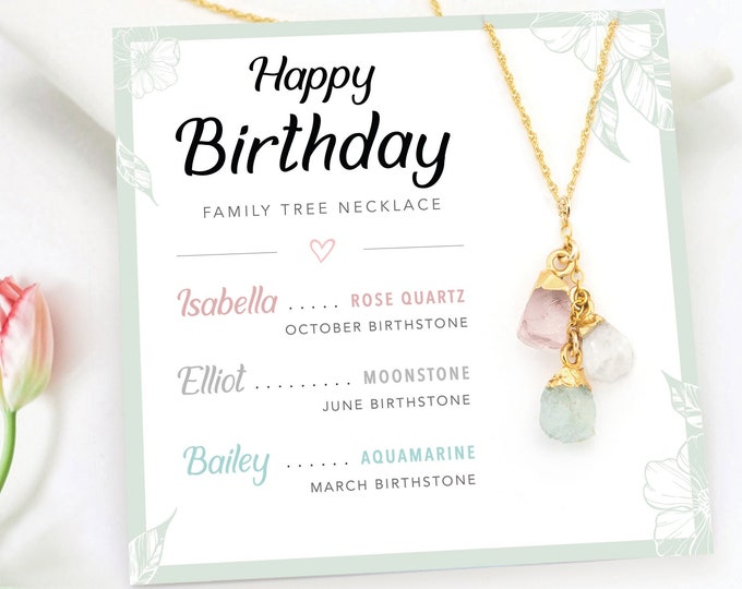 Personalized Birthday Card, Raw Crystal Birthstone Necklace for Mom, Special Meaningful Gift from Daughter, Family Tree Jewelry Necklace