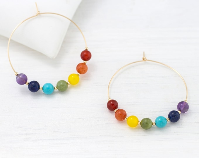 Rainbow 7 Chakra Hoop Earrings,  Crystal Earrings, Gay Pride Jewelry, 7 Chakras Balancing Love Earrings, Yogi Statement Jewelry